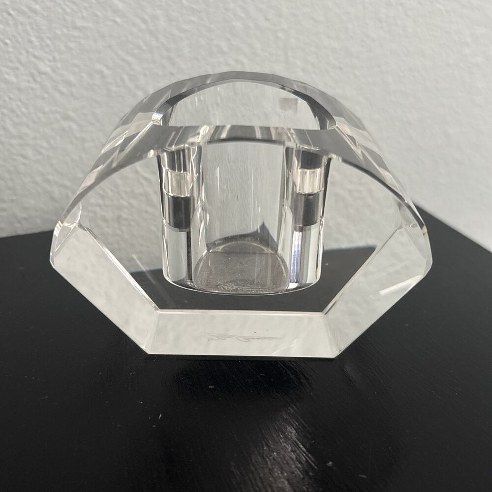 Oleg Cassini Crystal Candle Holder Signed, Heavy Clear, Modern Lines - Fan Shape